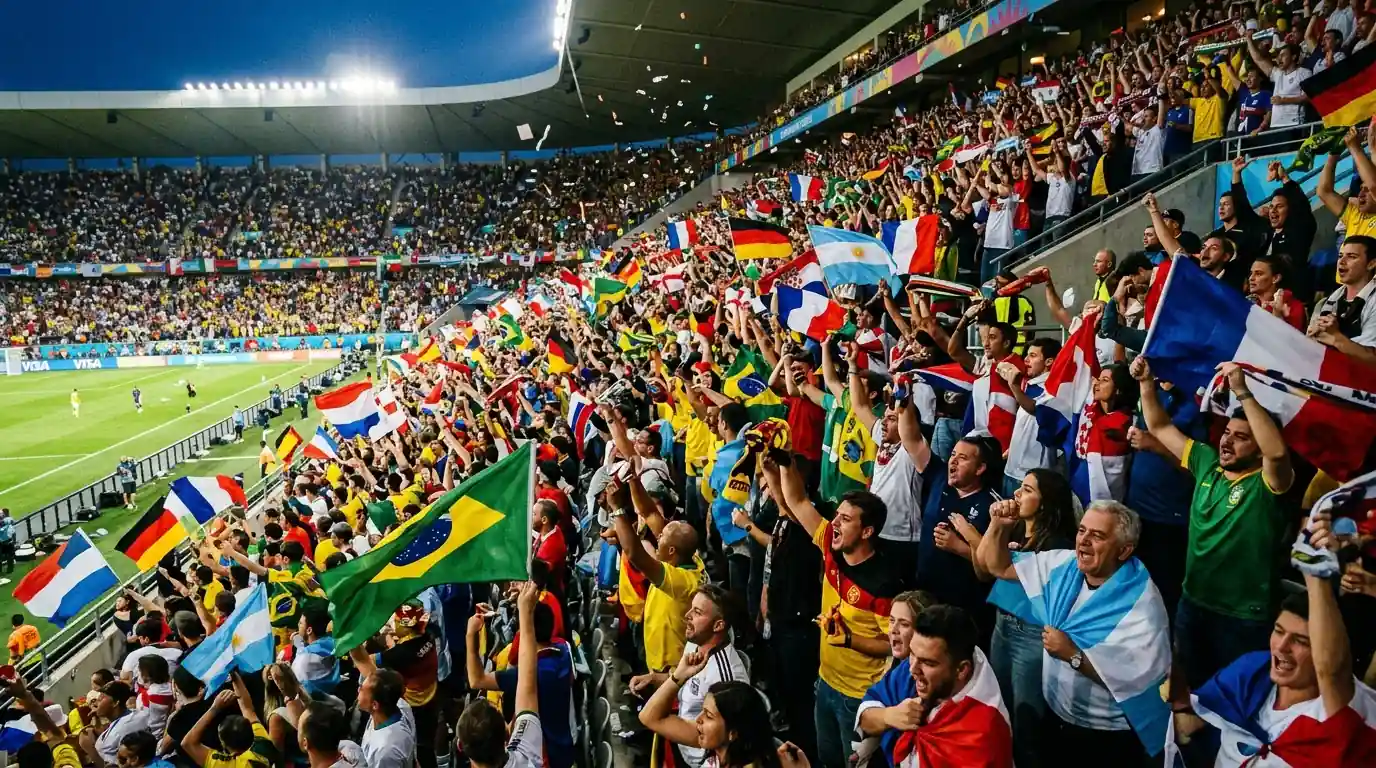 Tausende Fussballfans auf der Stadiontribüne schwenken Fahnen und Schals bei einem Gruppenspiel der Weltmeisterschaft am Abend
