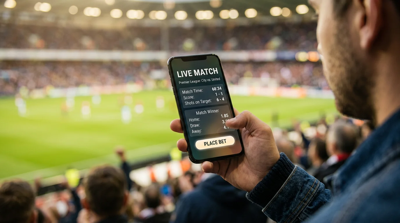 Hand hält ein Smartphone vor einer unscharfen Stadionkulisse bei einem Fussballspiel am Abend