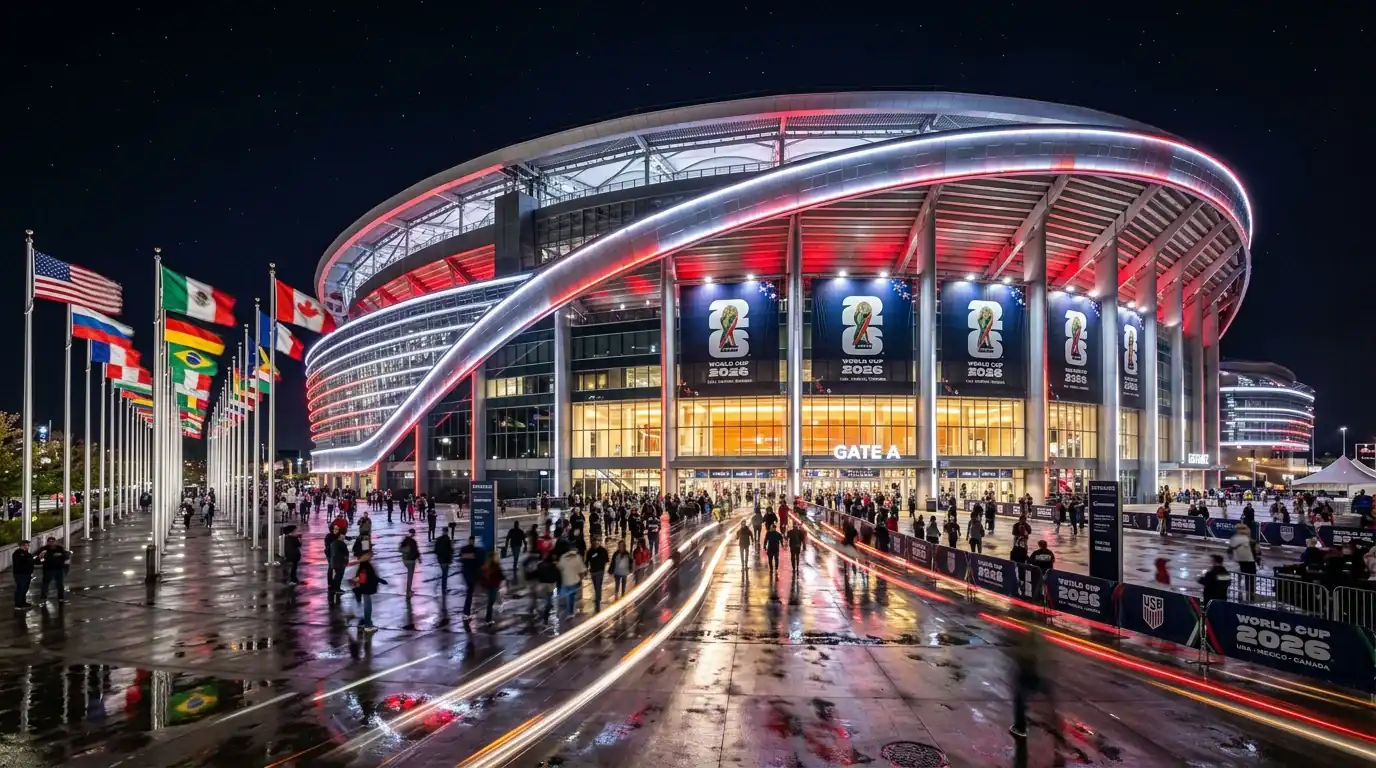 Moderne Stadionarchitektur bei Nacht mit leuchtender Fassade und Menschenmenge vor dem Eingang vor einem WM-Spiel