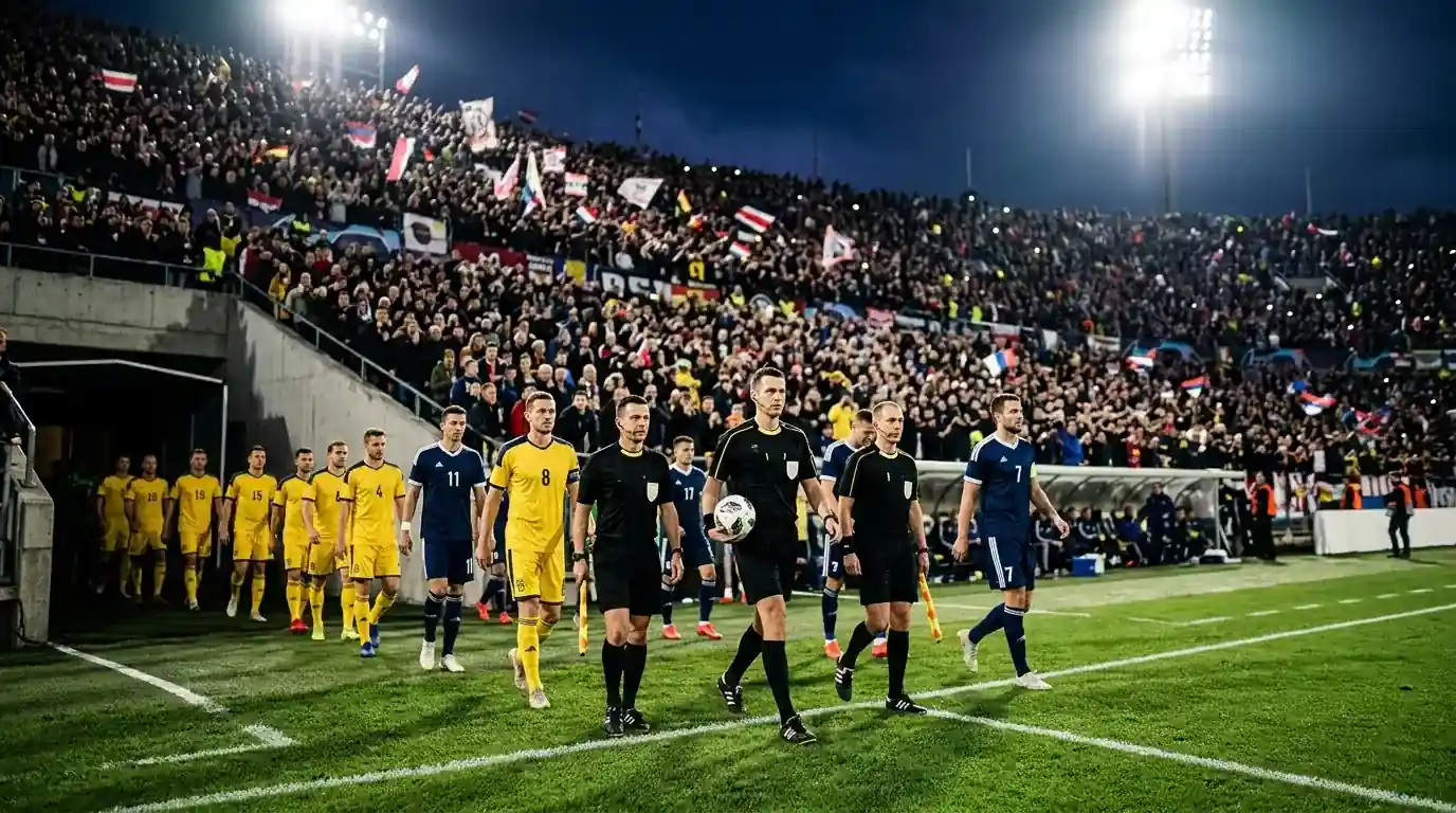 Zwei Fussballteams beim Einlaufen ins Stadion vor dem K.-o.-Spiel
