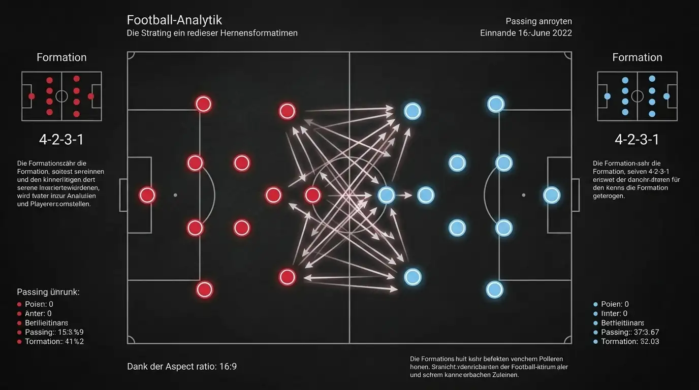 Taktiktafel-Grafik mit zwei gegenüberstehenden Formationen im 4-2-3-1, Ballbesitzpfeile im Mittelfeld