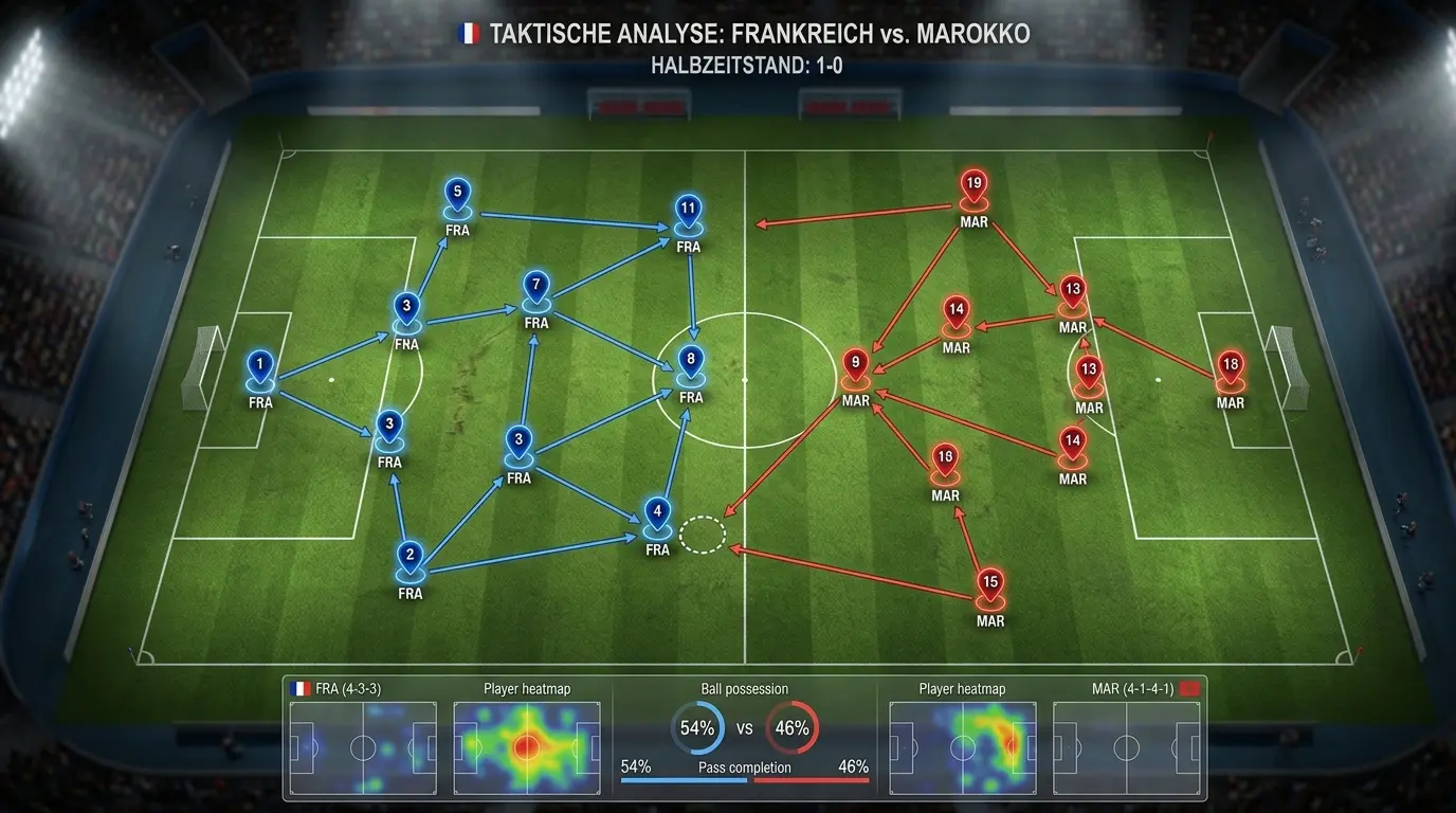 Taktische Analyse mit Spielerpositionen auf einem Fussballfeld bei Flutlicht