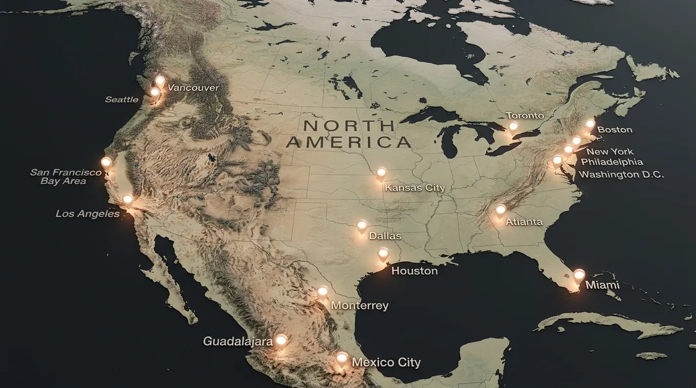Karte der WM-2026-Stadien in den USA, Mexiko und Kanada