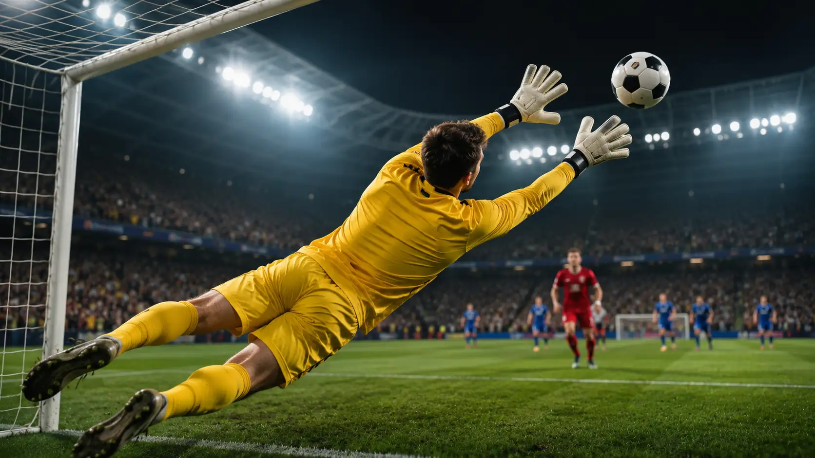 Ein Torhüter in leuchtendem Trikot pariert im Flutlicht einen Penalty, die Fans im Hintergrund halten den Atem an