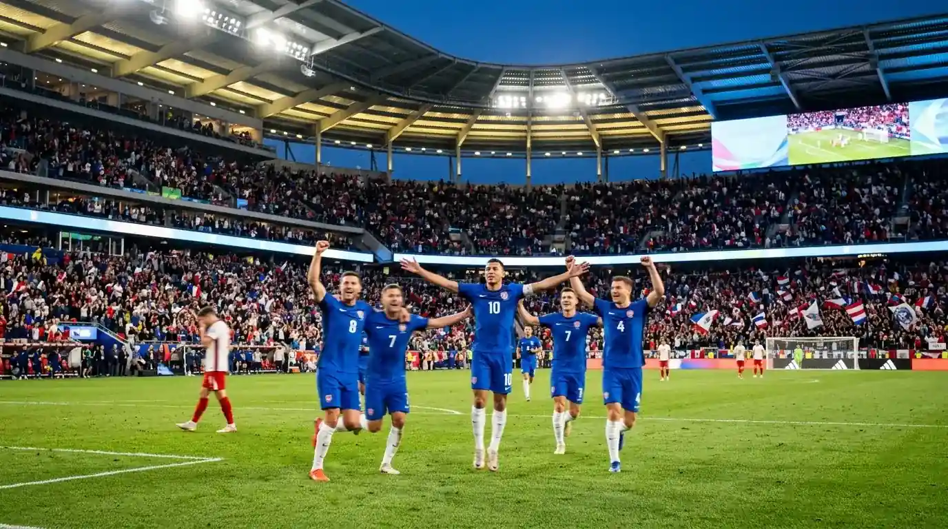Spielszene aus der WM-2026-Vorrunde mit jubelnden Spielern vor vollem Stadion