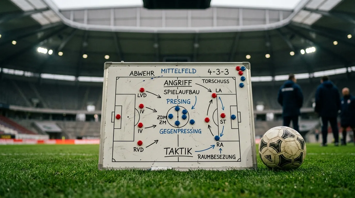 Taktiktafel und Fussball auf dem Rasen eines Stadions unter geschlossenem Dach