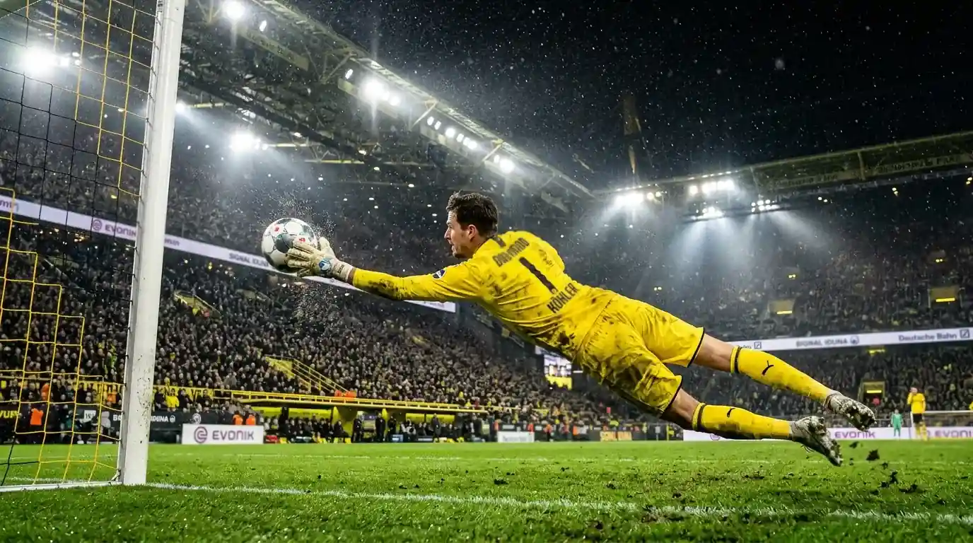 Torwart in gelbem Trikot pariert einen Schuss im Flutlicht eines vollen Stadions