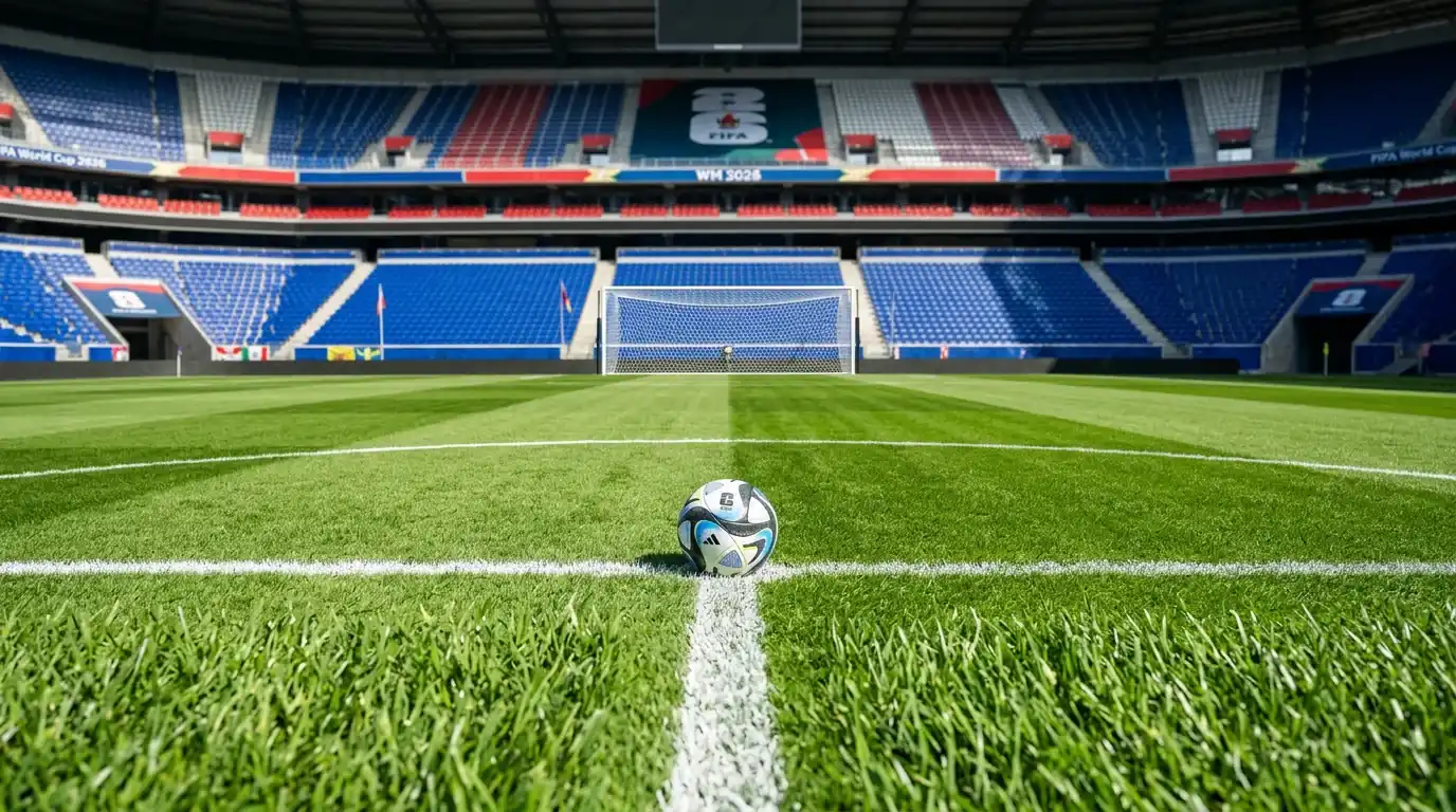 Frisch gemähter Fussballrasen mit weissen Linienmarkierungen und einem Torpfosten in einem leeren Stadion bei Tageslicht