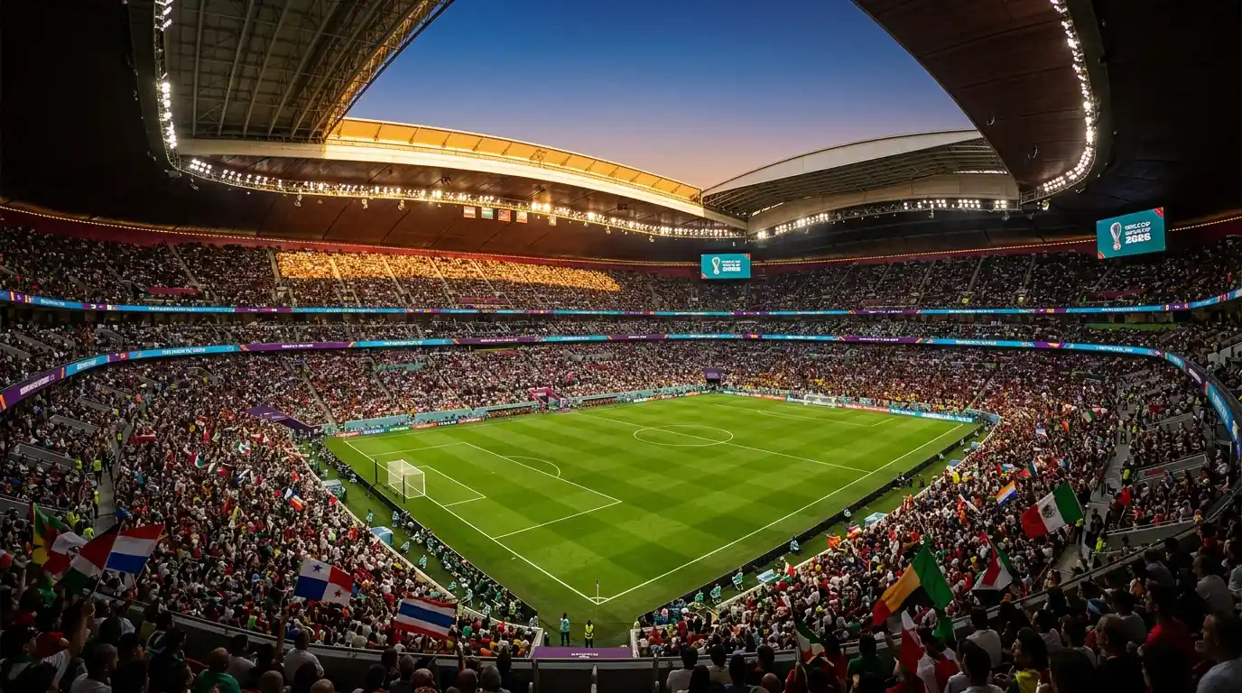 Panoramablick auf ein beleuchtetes Fussballstadion bei Nacht mit gefüllten Rängen vor dem Anpfiff eines WM-2026-Spiels